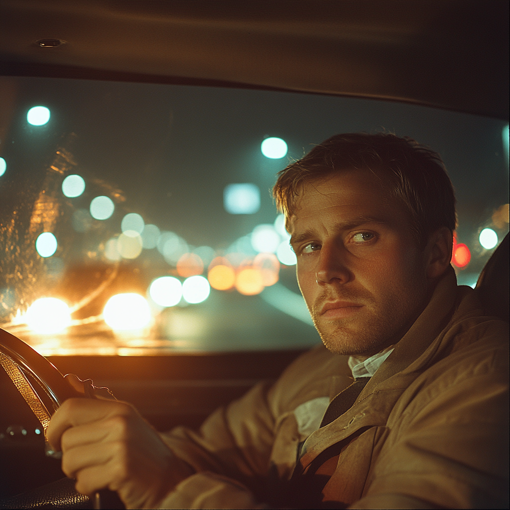 A man in car at night with headlights, moody