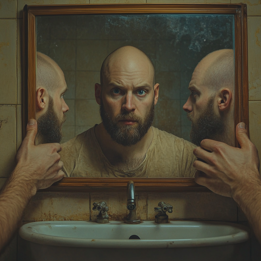 A man in front of mirror looking sad.