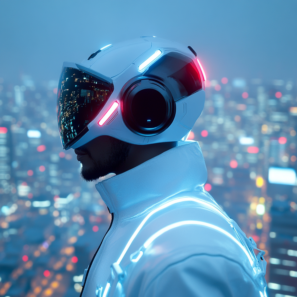 A man in futuristic attire gazing up.