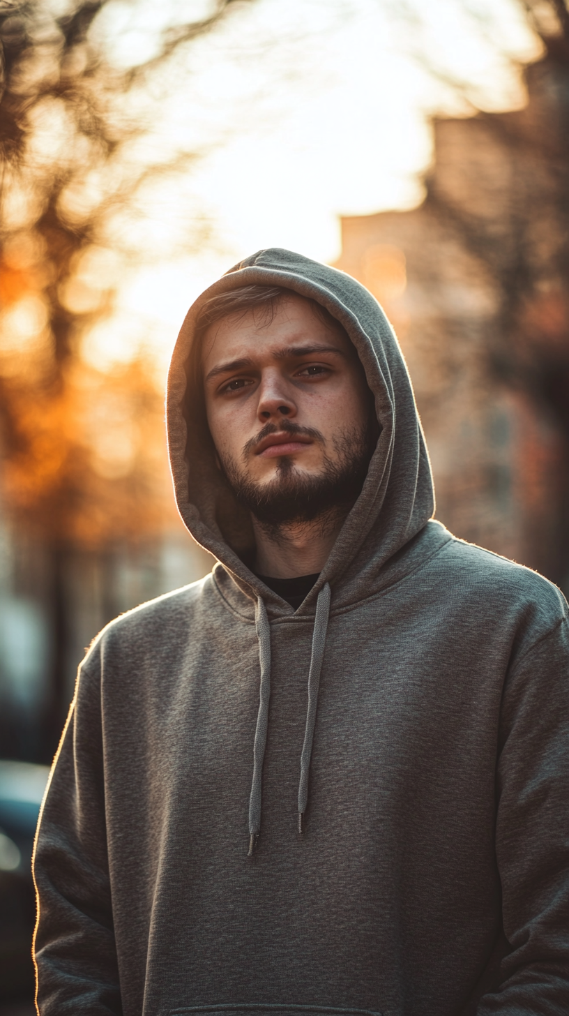 A man in hoodie looks thoughtfully at camera.