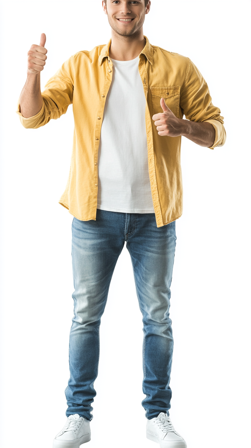 A man in jeans, t-shirt, giving thumbs up.