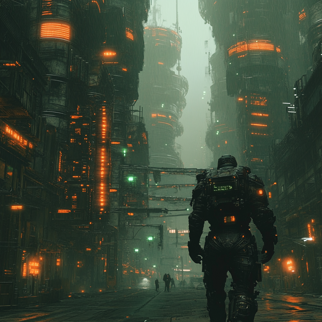 A man in mech suit walks on Venus city.