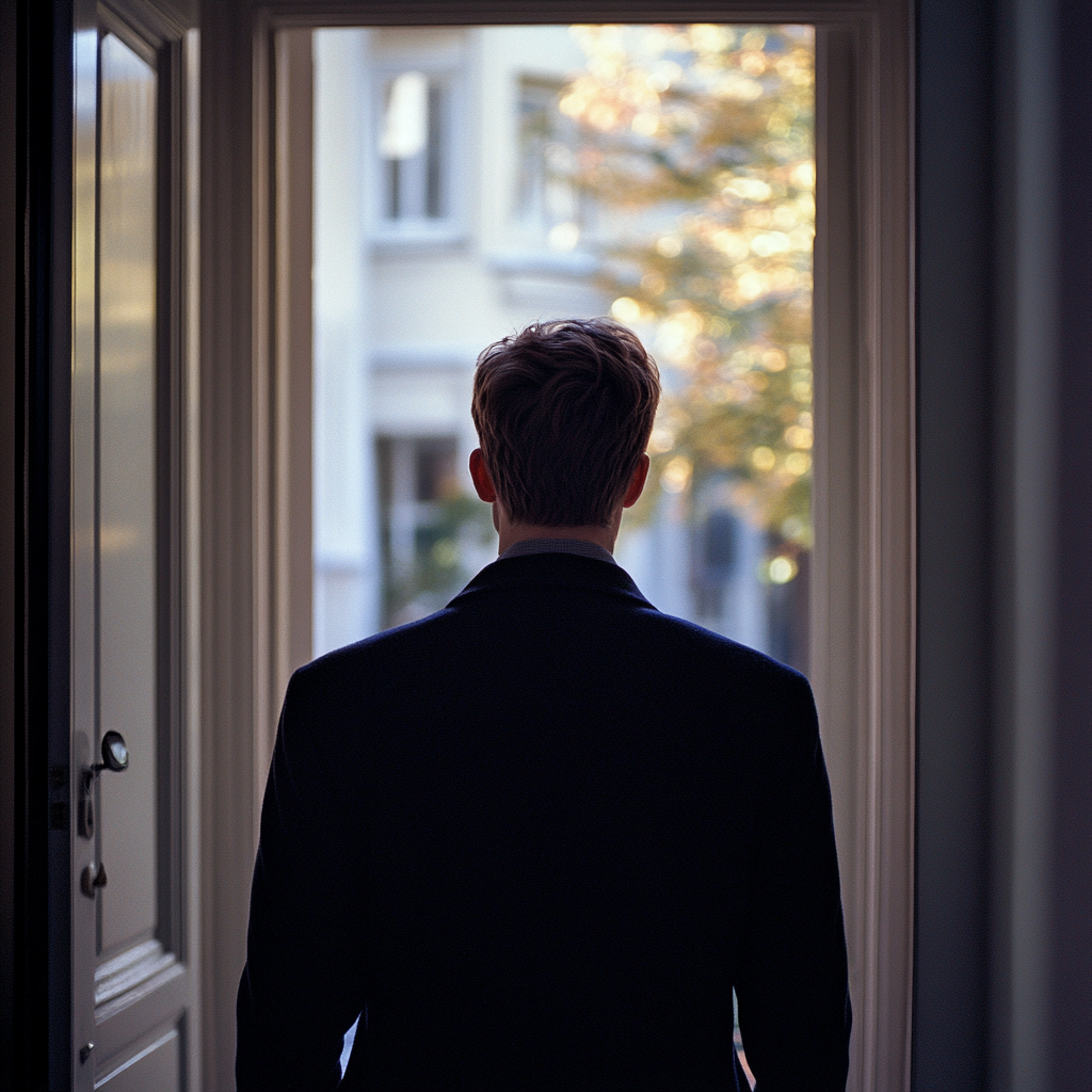 A man in modern clothes heads to work.