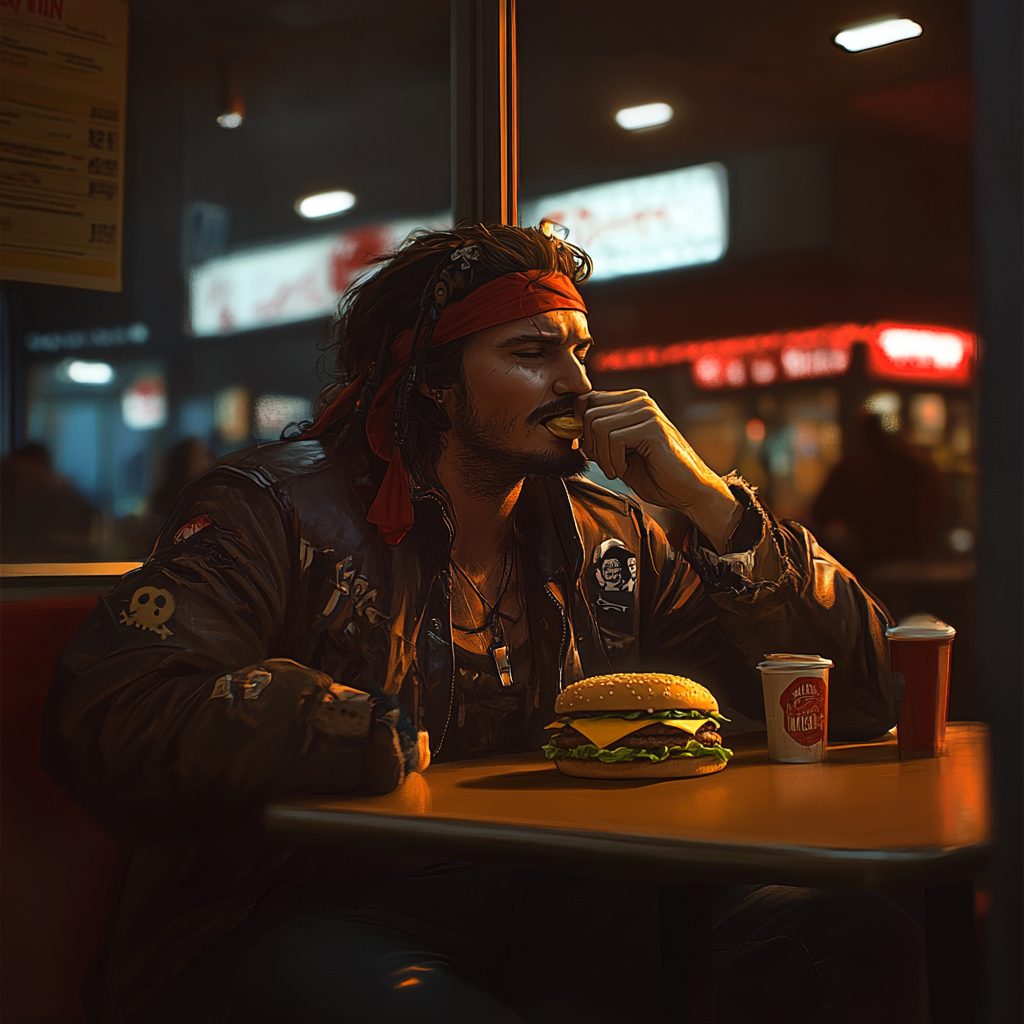 A man in pirate costume eating burger happily