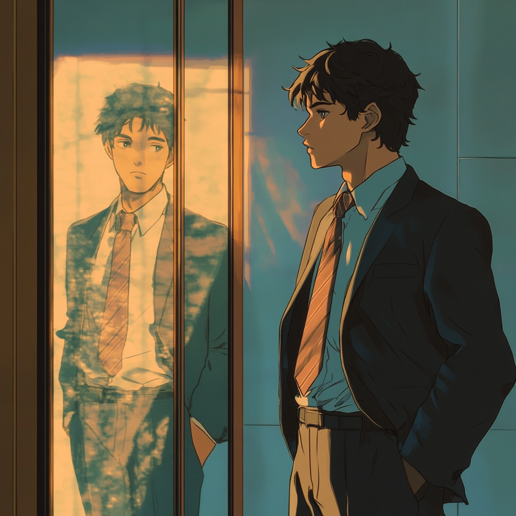 A man in suit looks in mirror, anime style.