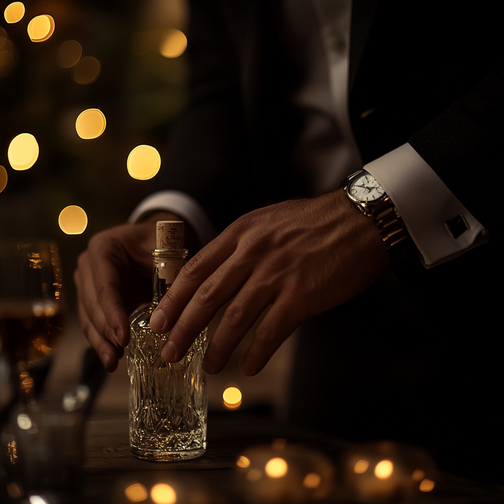 A man in suit prepares for drink, elegant setting