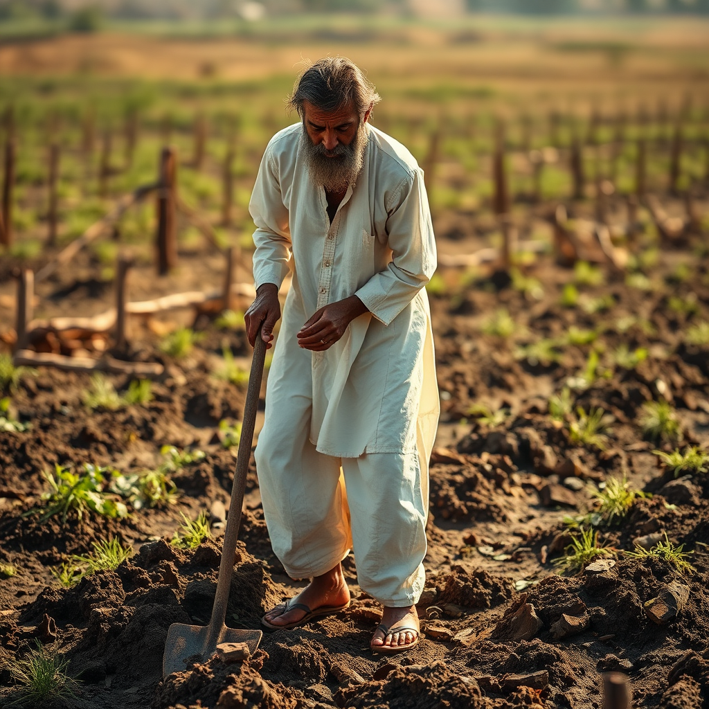 A man in white clothes works in field.