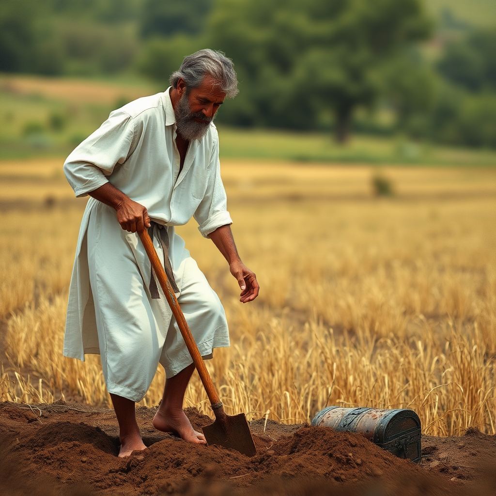 A man in white outfit finds buried treasure.