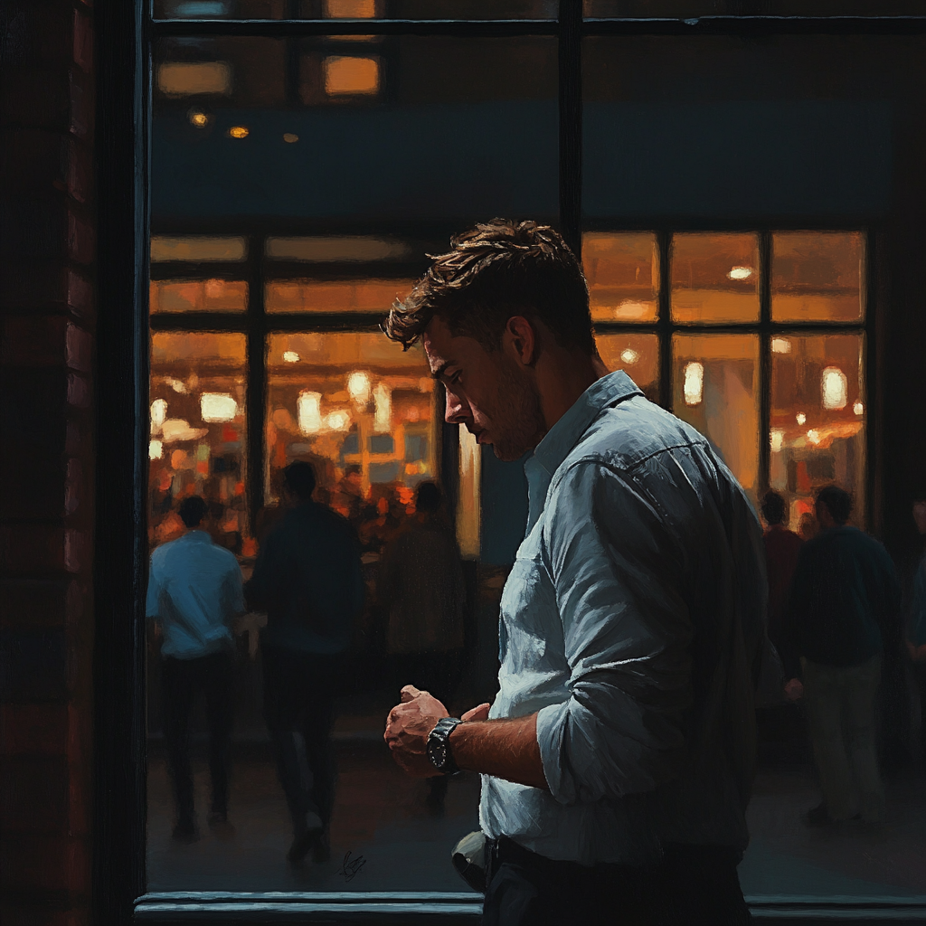 A man in work clothes looks at watch.