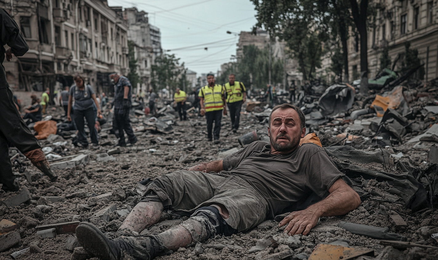 A man injured in Ukraine, devastated city street.