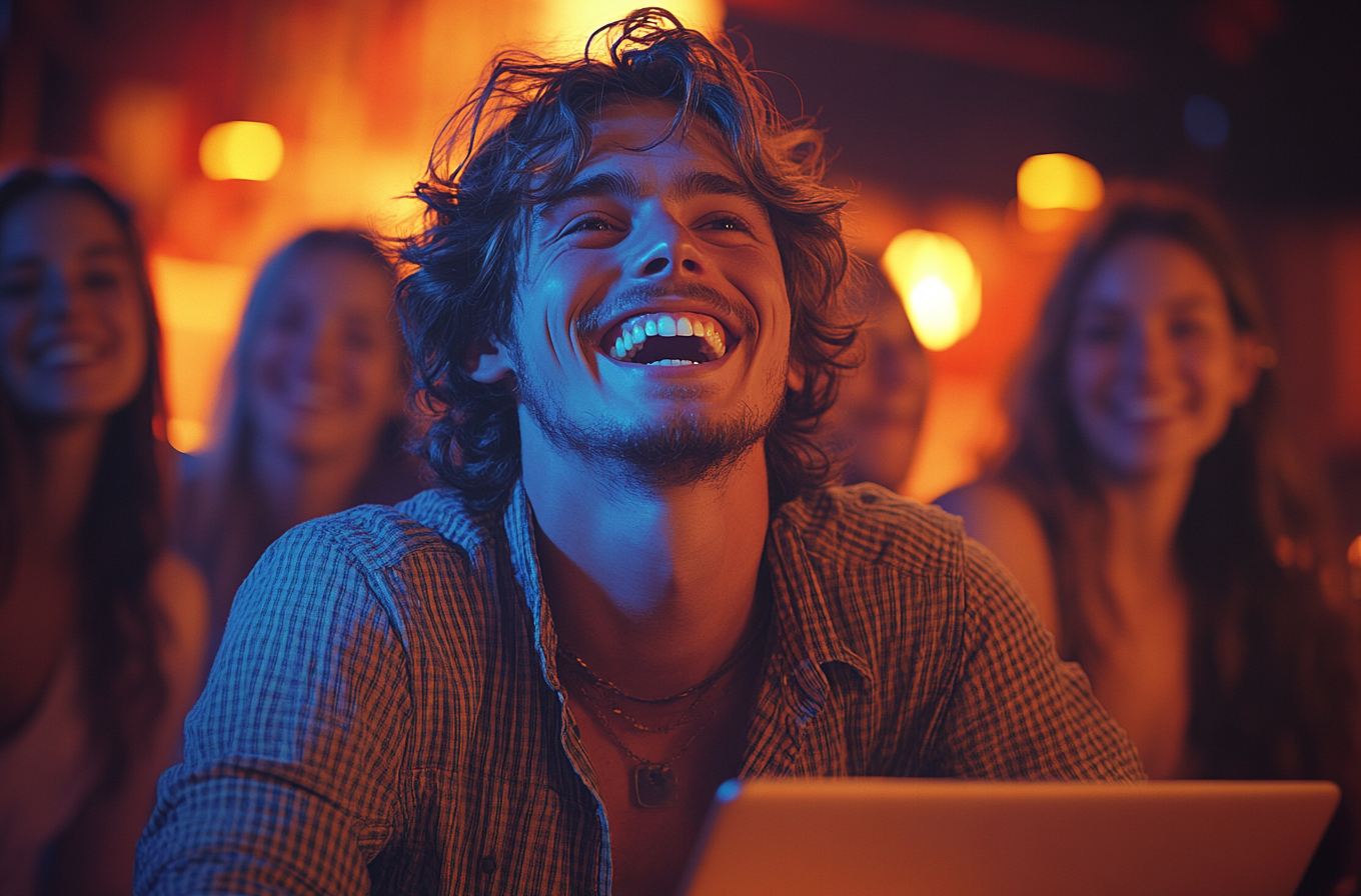 A man laughing with office workers in bright space”