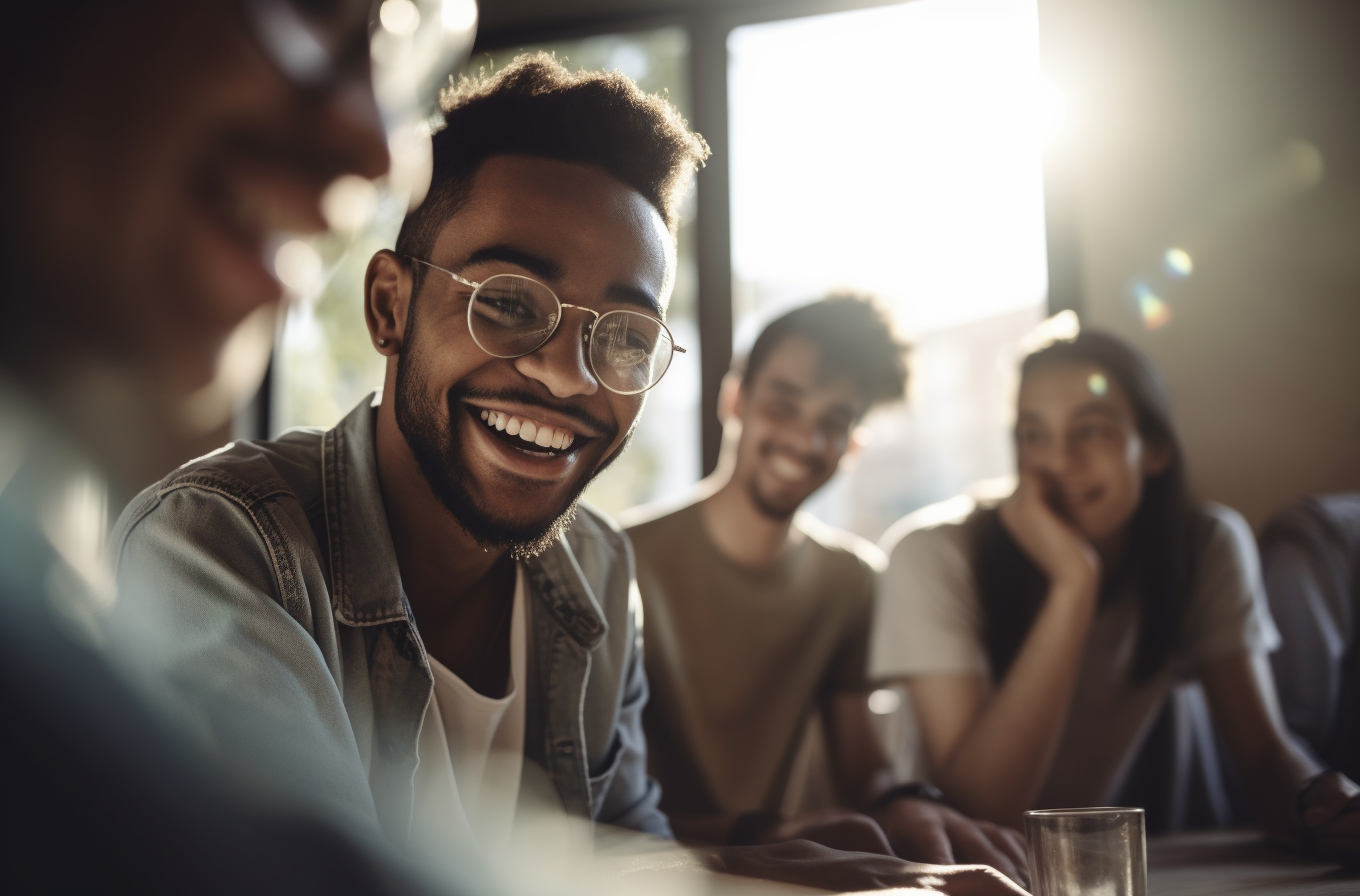 A man laughs with office workers in light