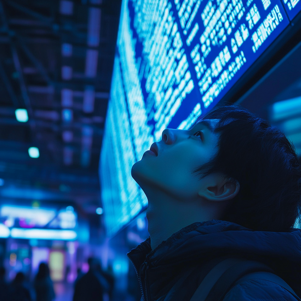 A man looks up at glowing departure board