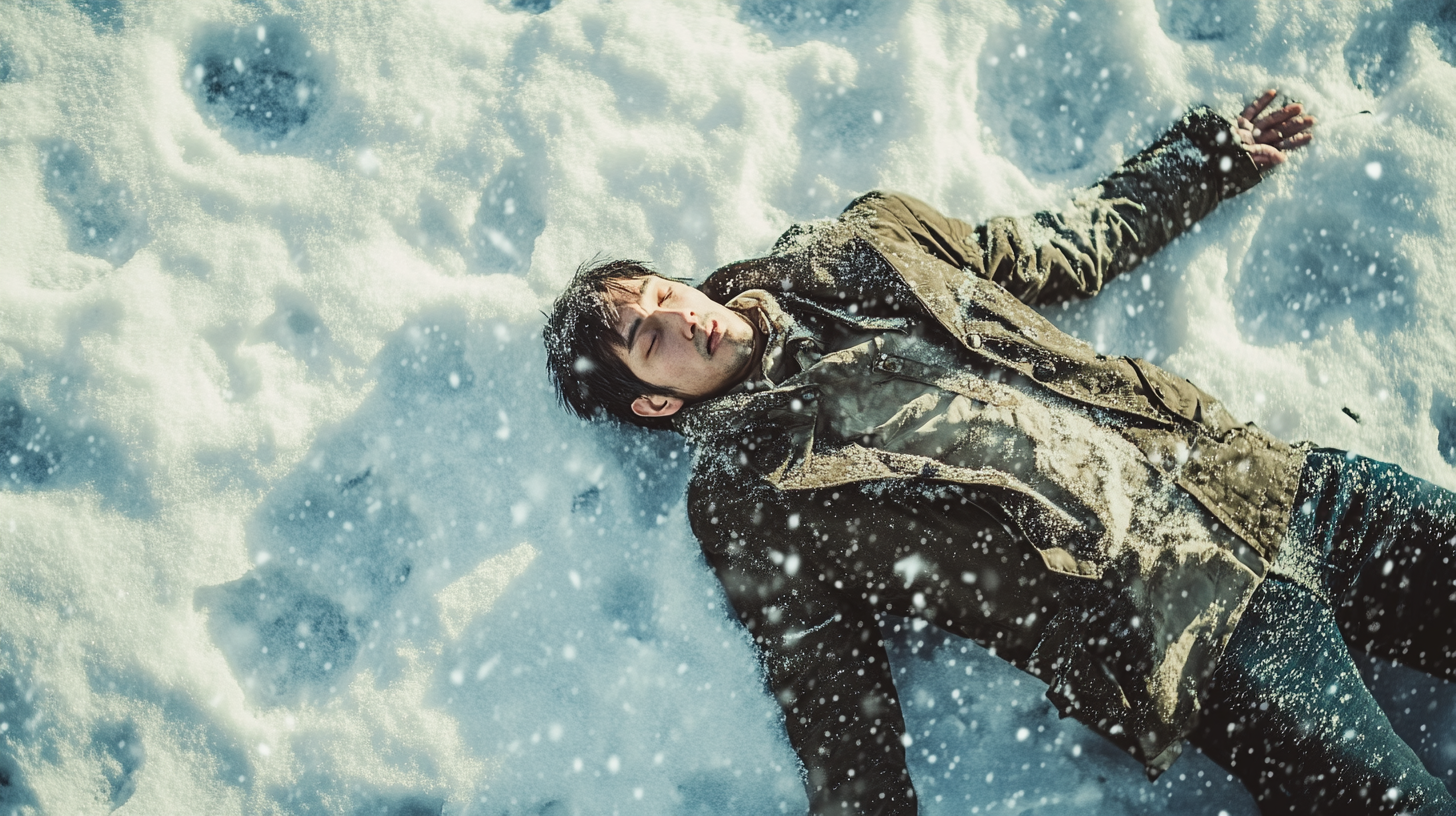 A man lying on snow in dramatic scene.