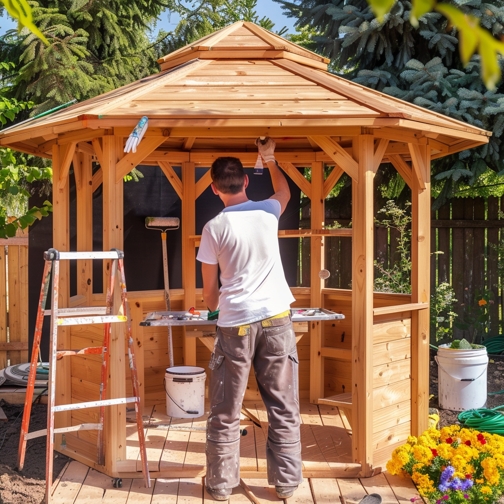 A man painting wooden garden gazebo walls.