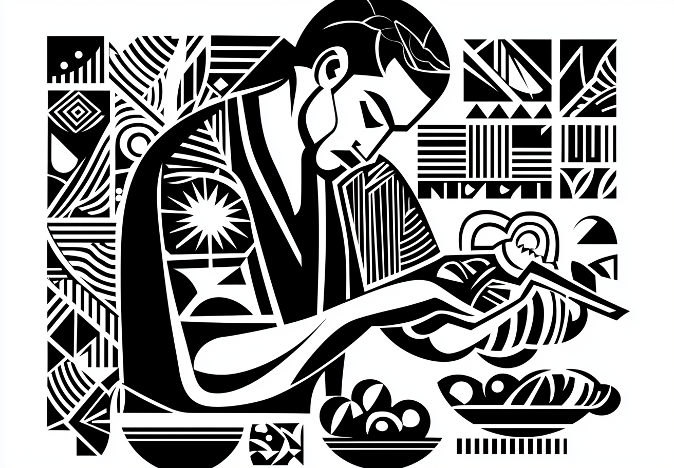 A man peeling potatoes in ancient Slavic art.