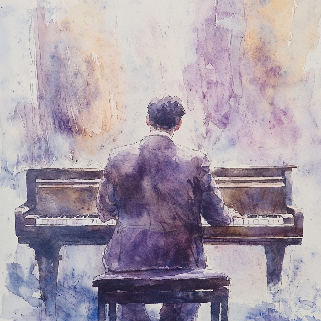 Watercolor art of a man playing Piano<br>