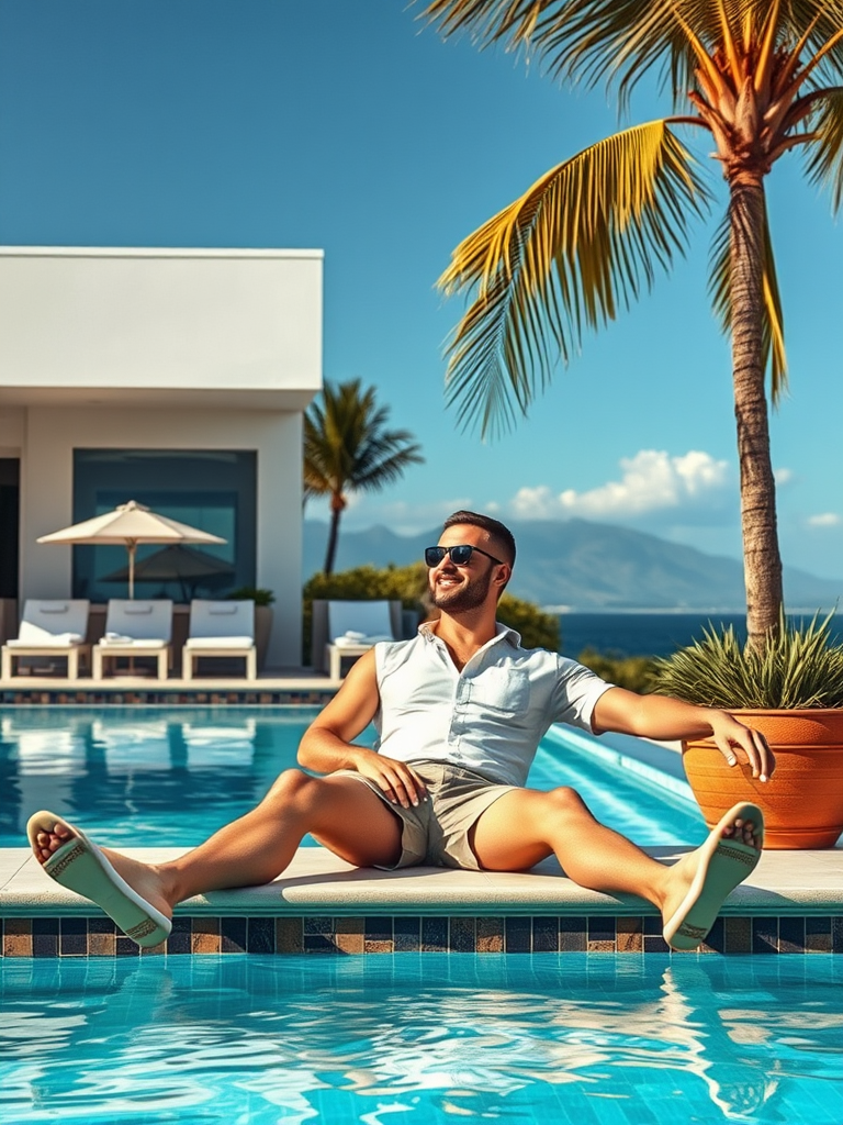 A man relaxing by the pool on vacation.