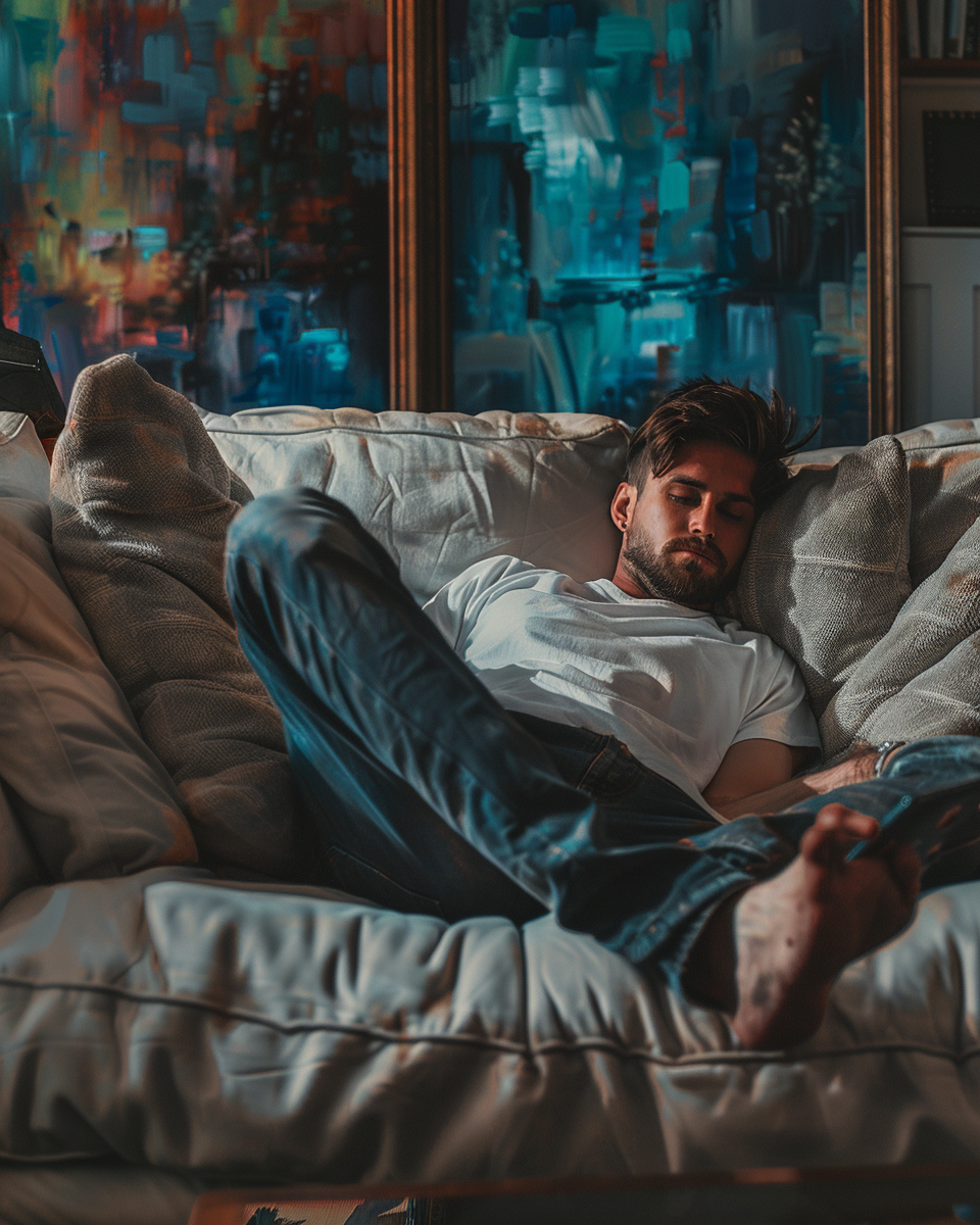 A man relaxing on sofa, using phone peacefully.