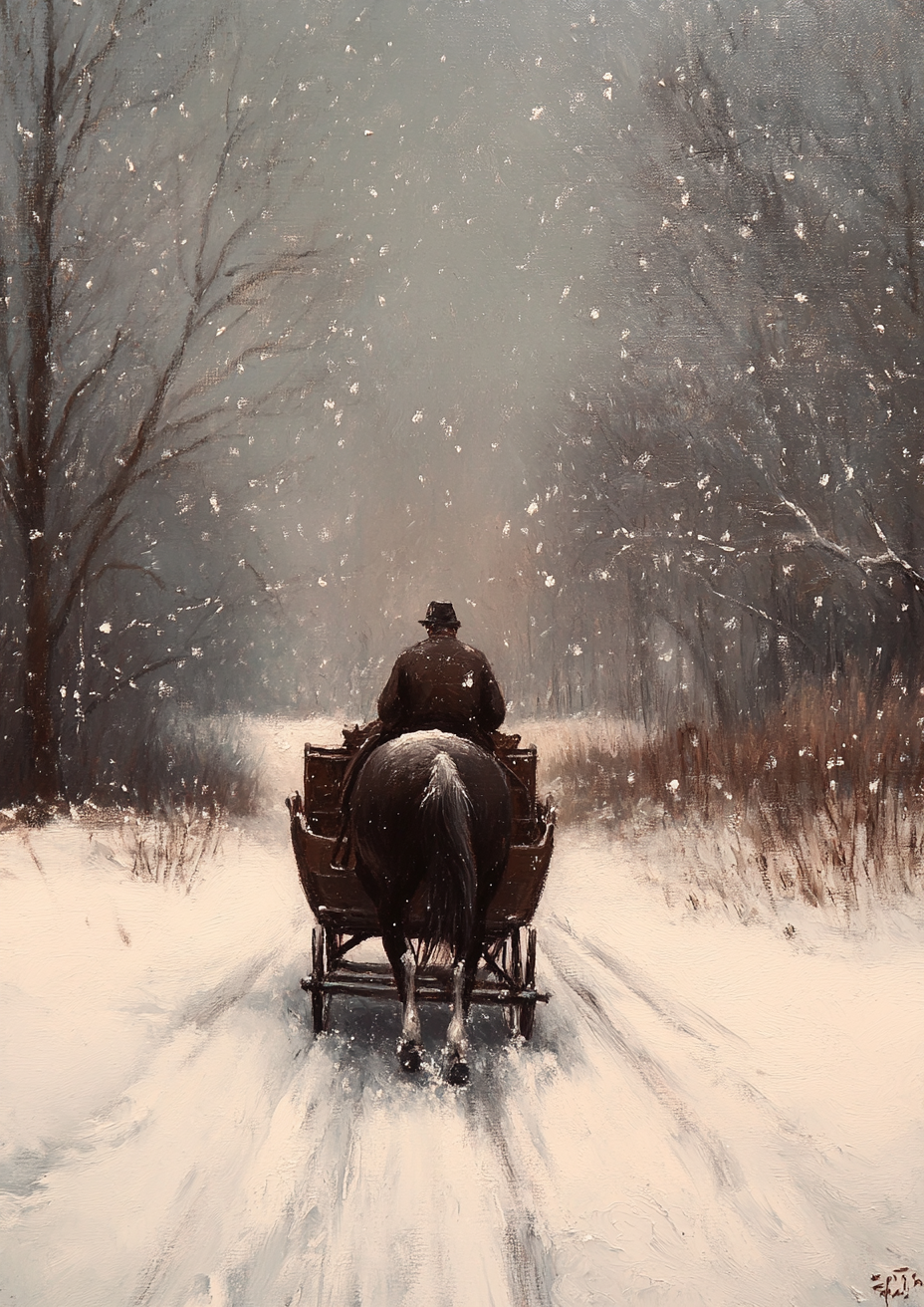 A man rides horse-drawn sleigh in winter storm.