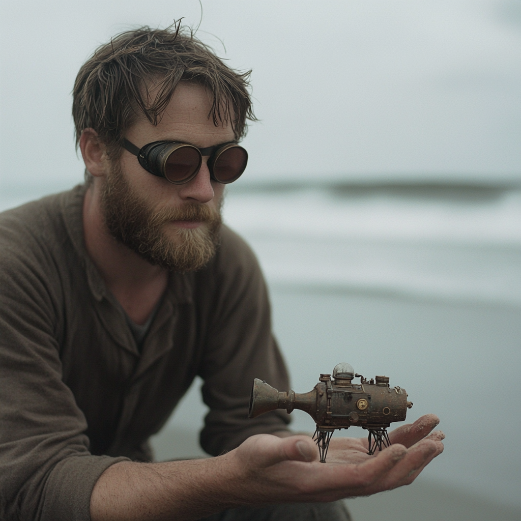 A man shows off small robotic whale on beach.