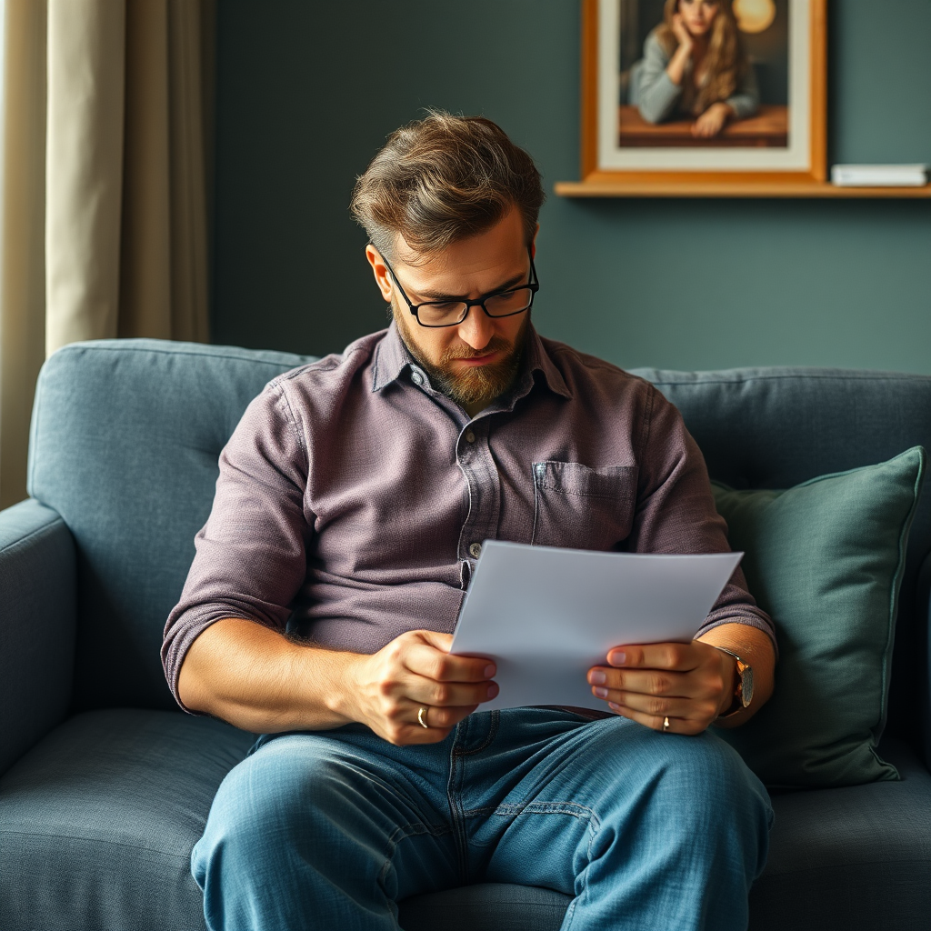 A man sitting on a sofa writing letter