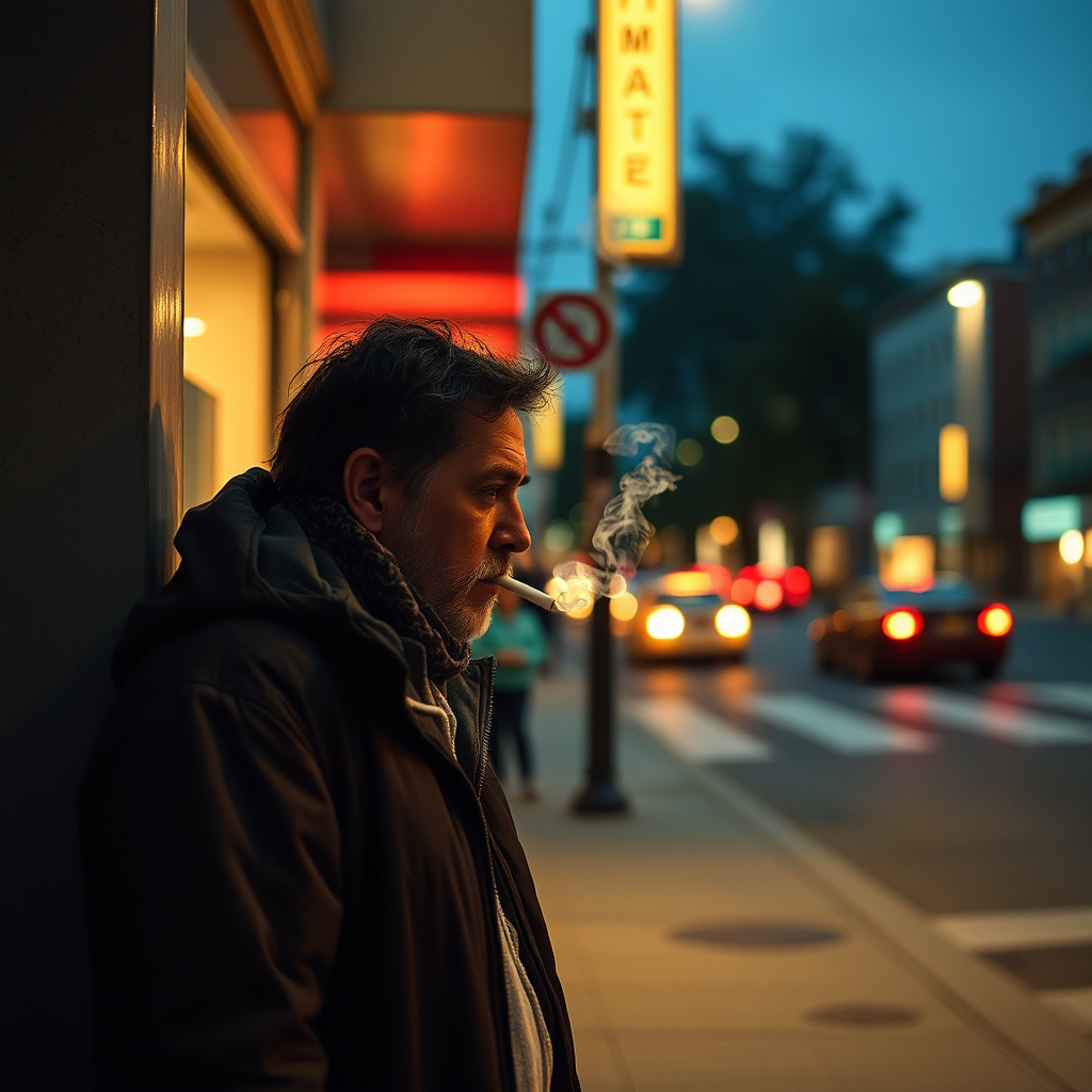 A man smoking on street corner at night.