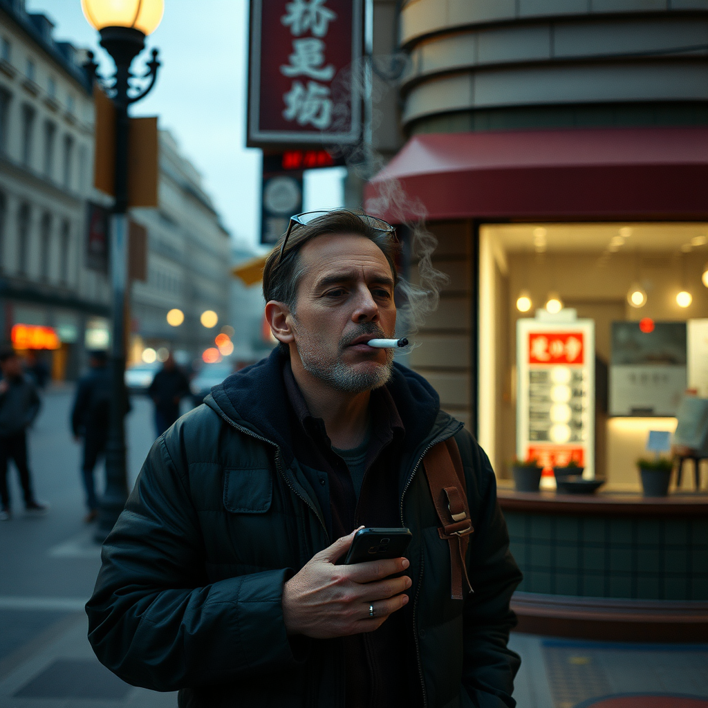 A man smoking on street corner.