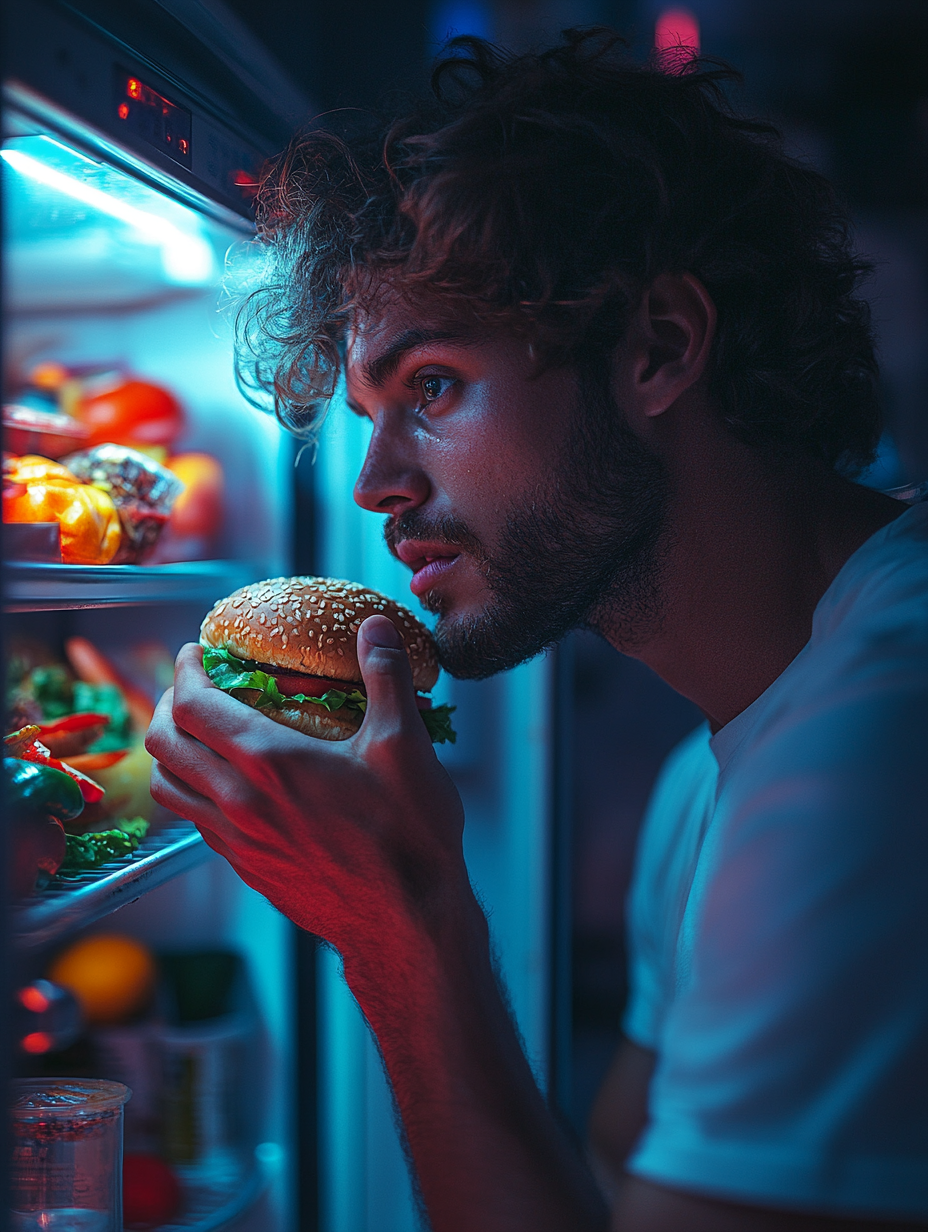 A man takes a bite from a hamburger in a bright fridge.