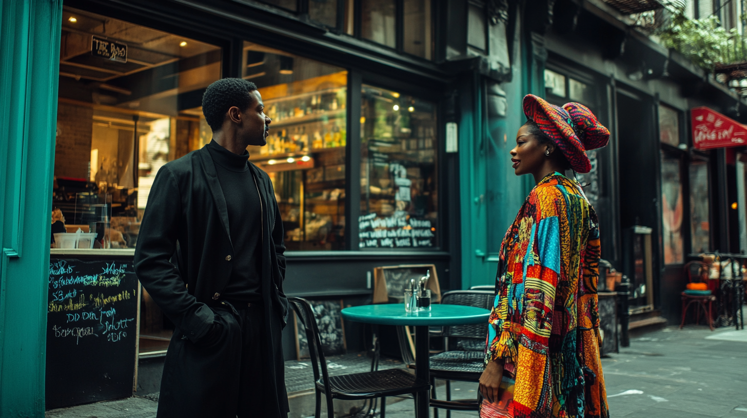 A man talking to woman in colorful clothes.