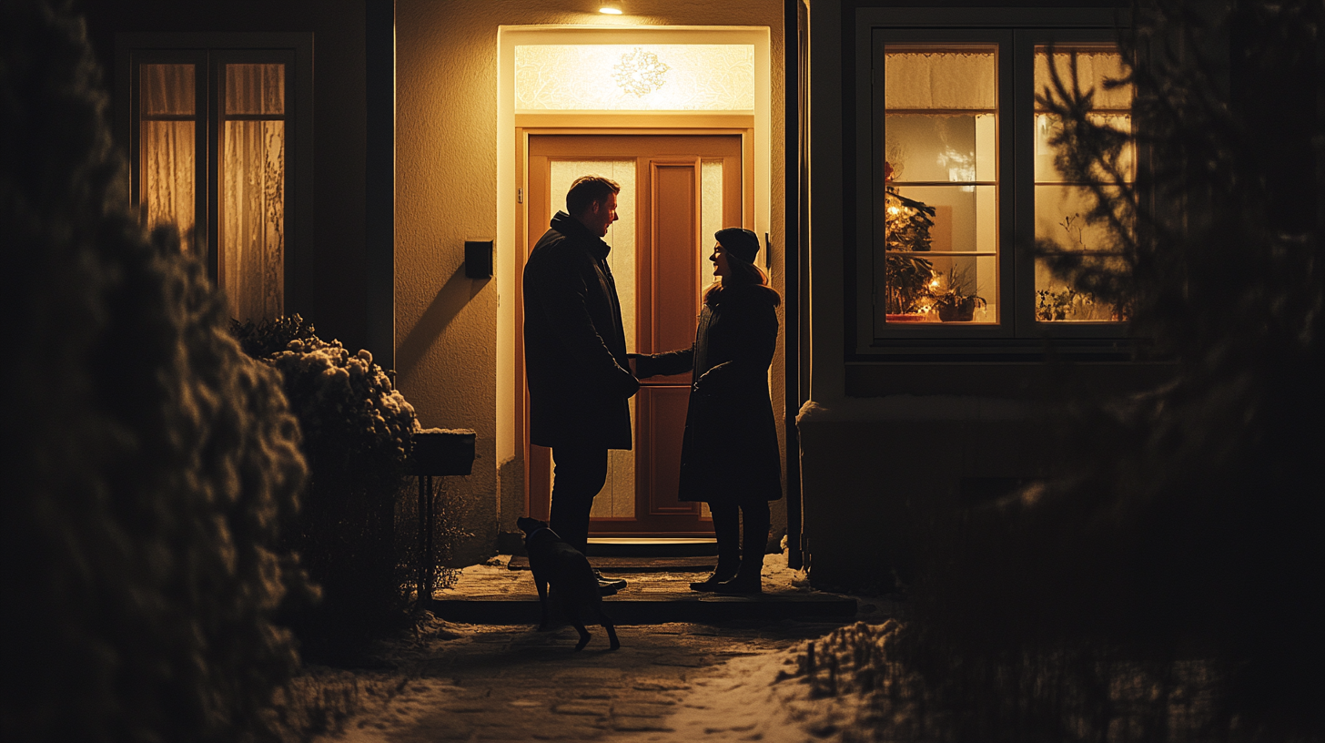 A man talks to smiling woman outside.