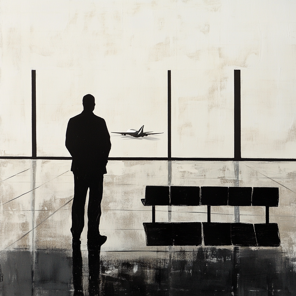 A man waits calmly at airport gate in monochrome