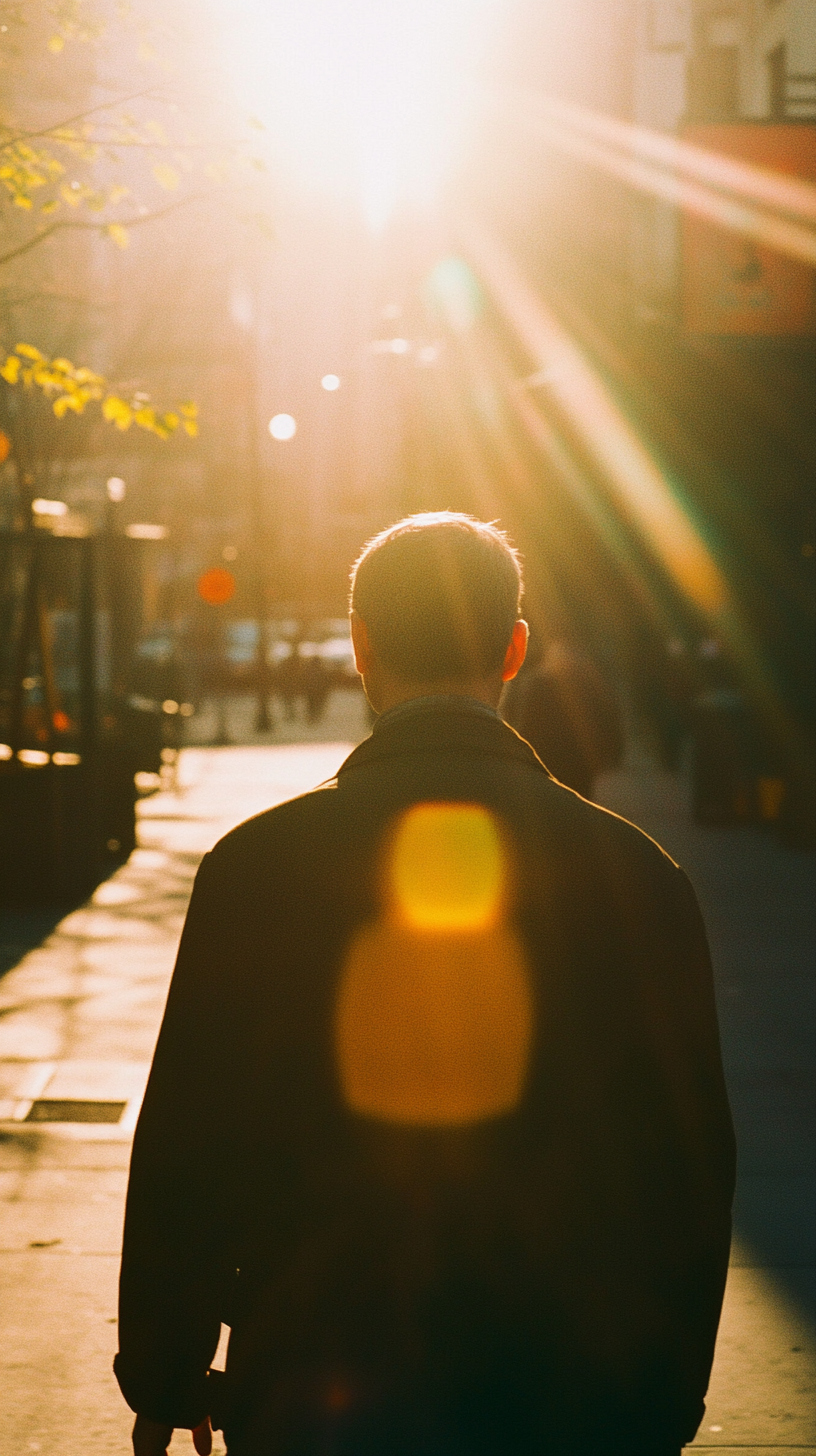 A man walking in beautiful, sad sunlight scene.