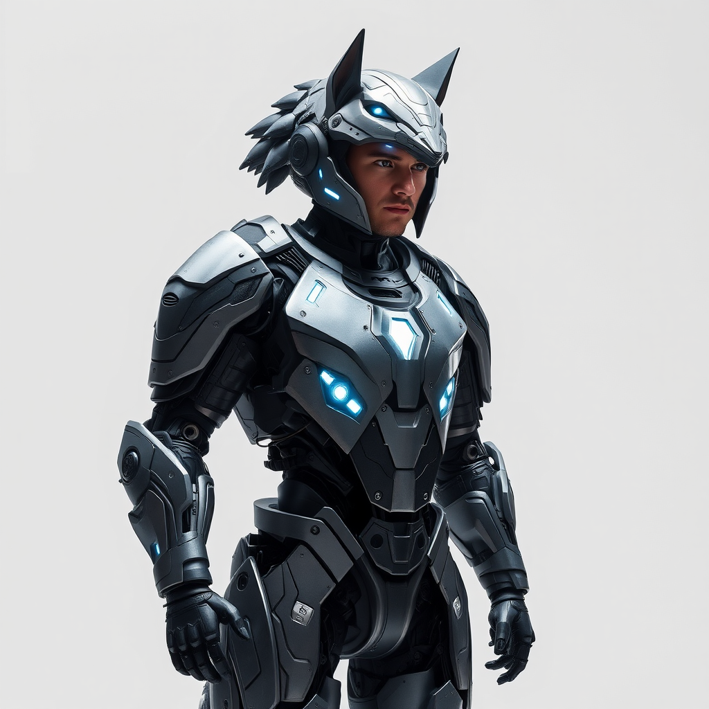 A man wearing robot wolf armor made of steel.