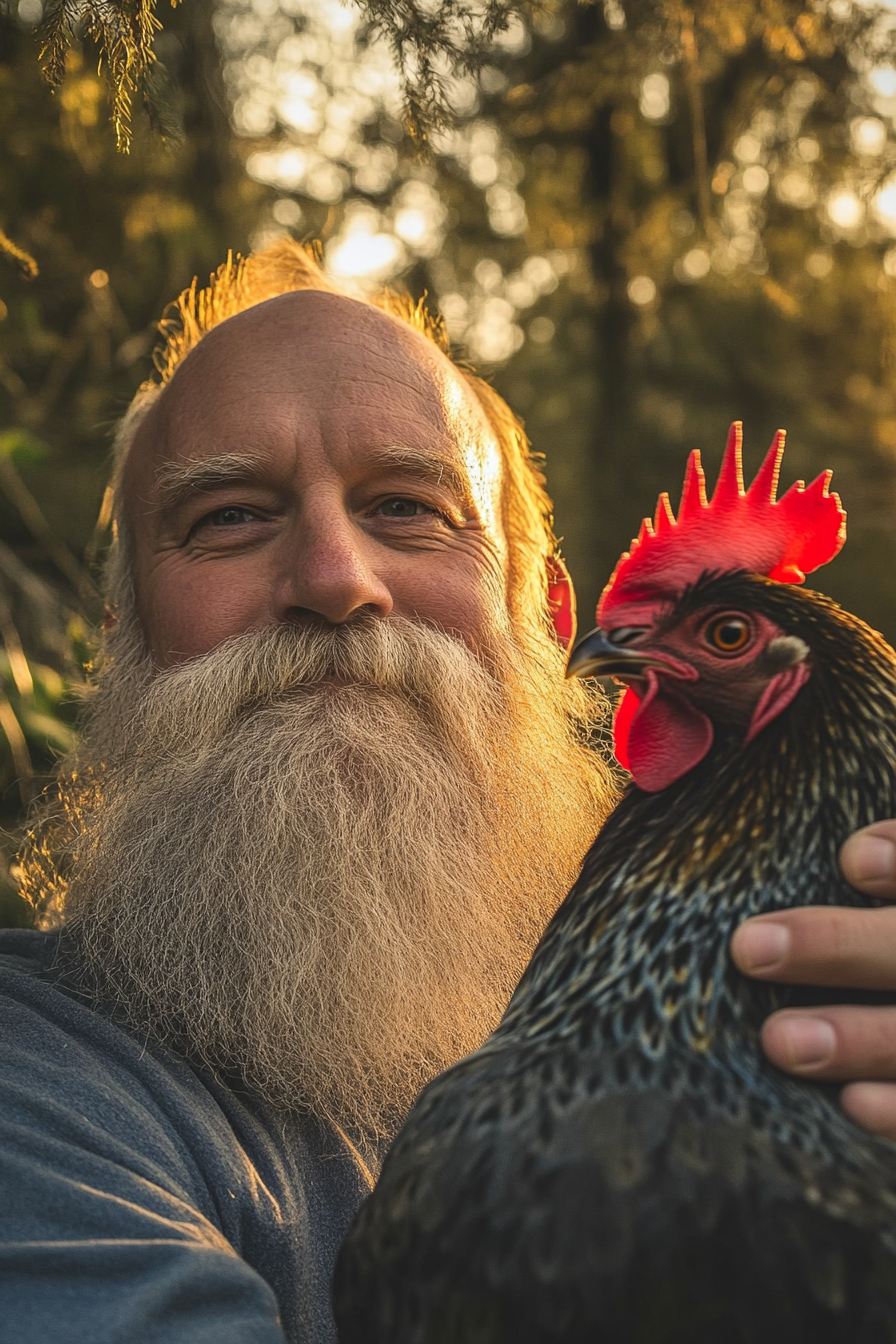 A man with a beard takes selfie with chicken in Montana ranch