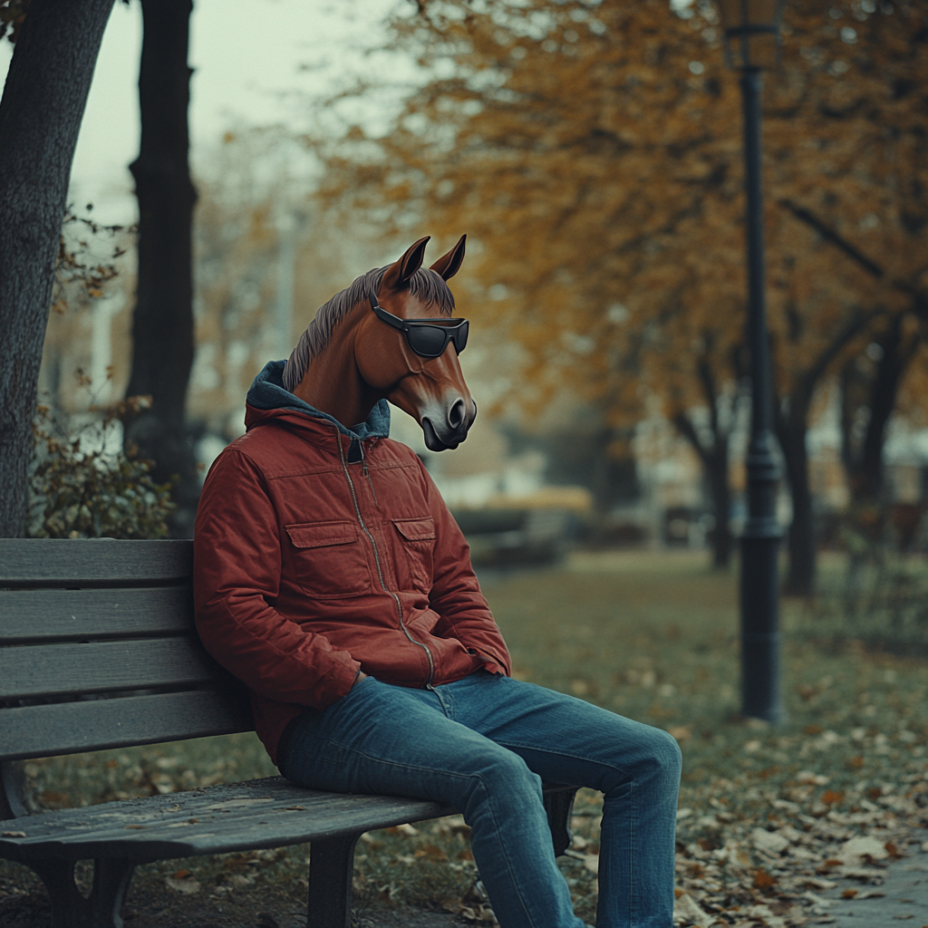 A man with a horse head sits thoughtfully.