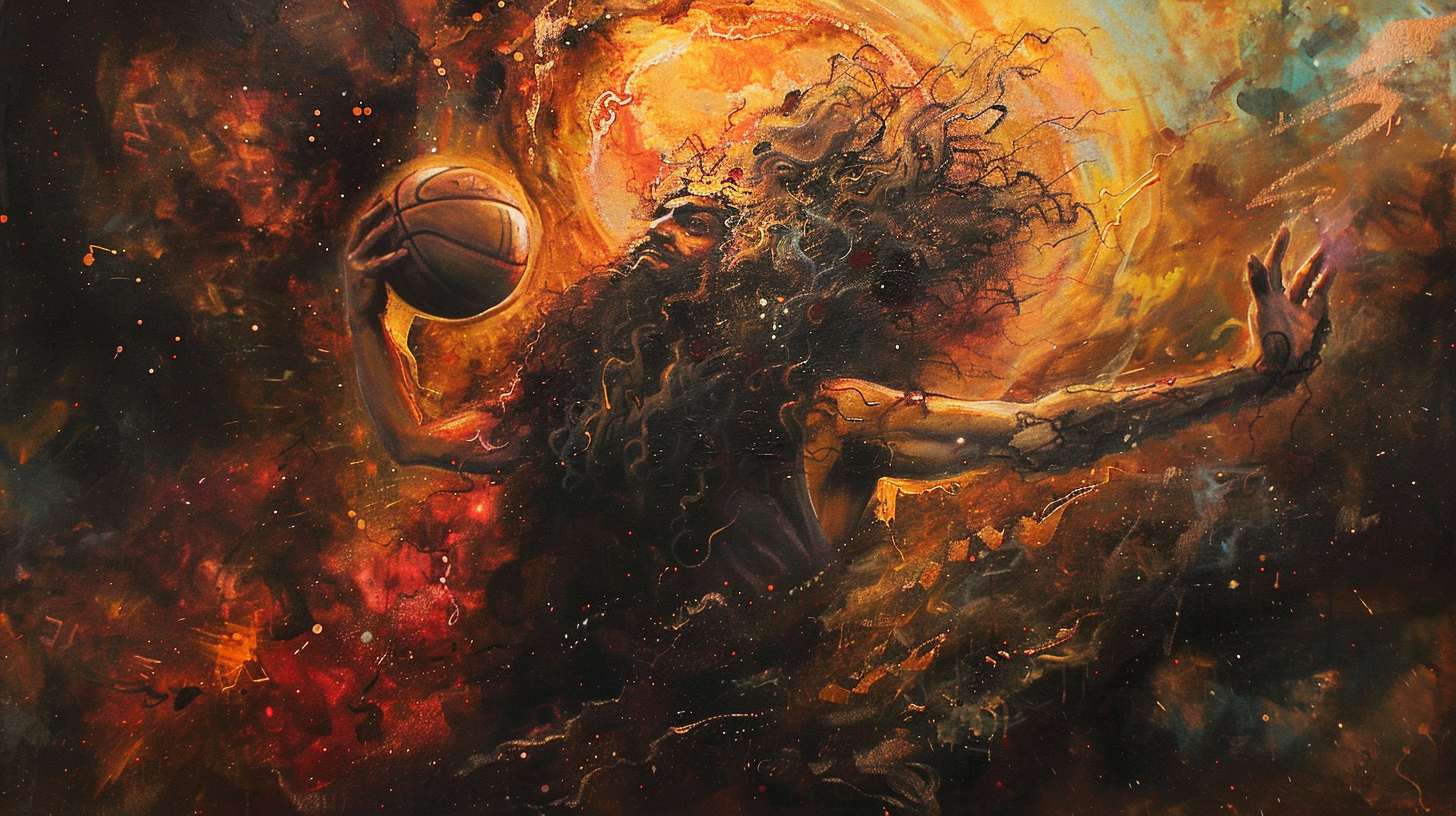 A man with beard dunking in space-themed painting.