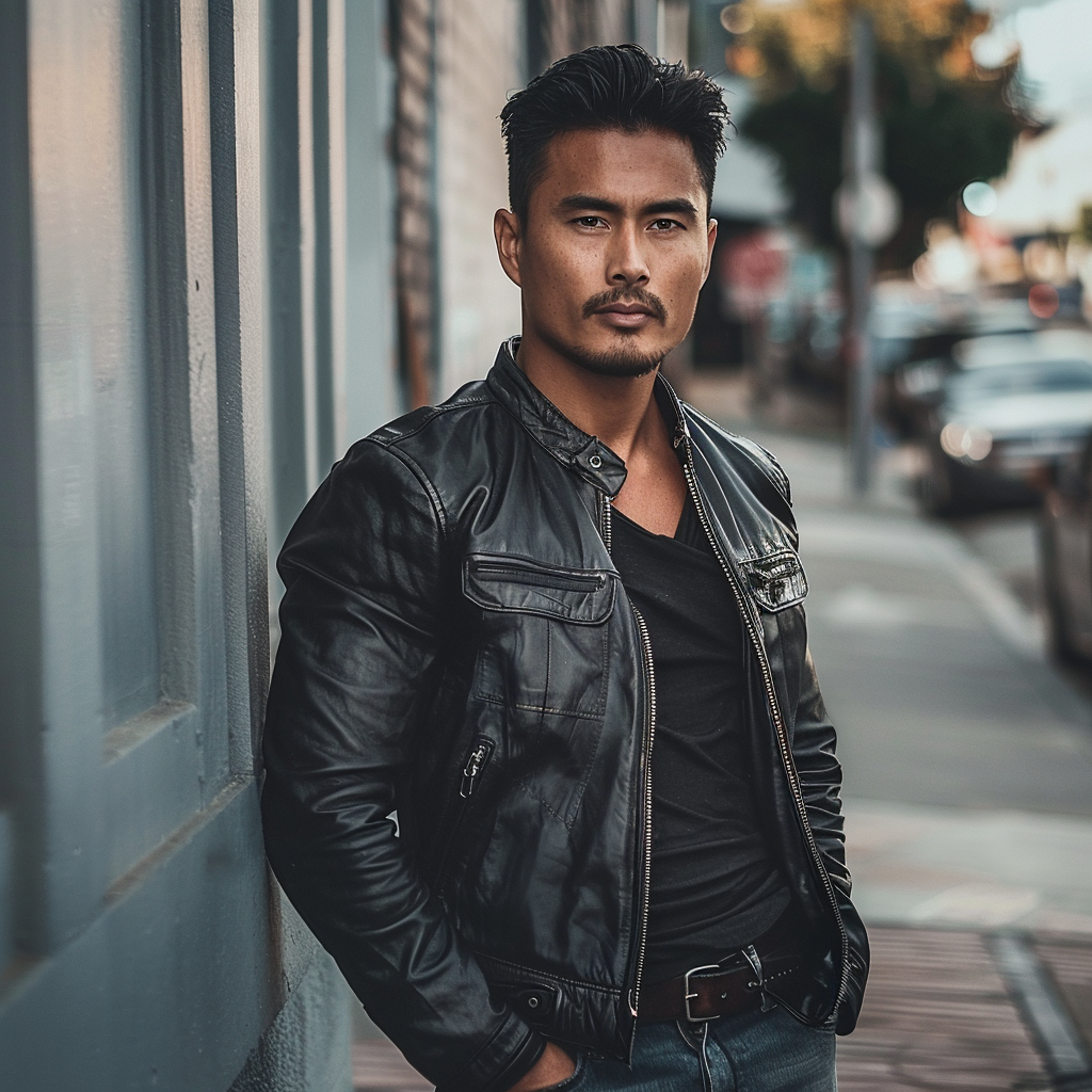 A man with black hair wearing leather jacket