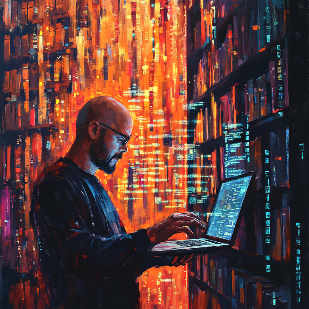 A man with computer language near bookshelf.