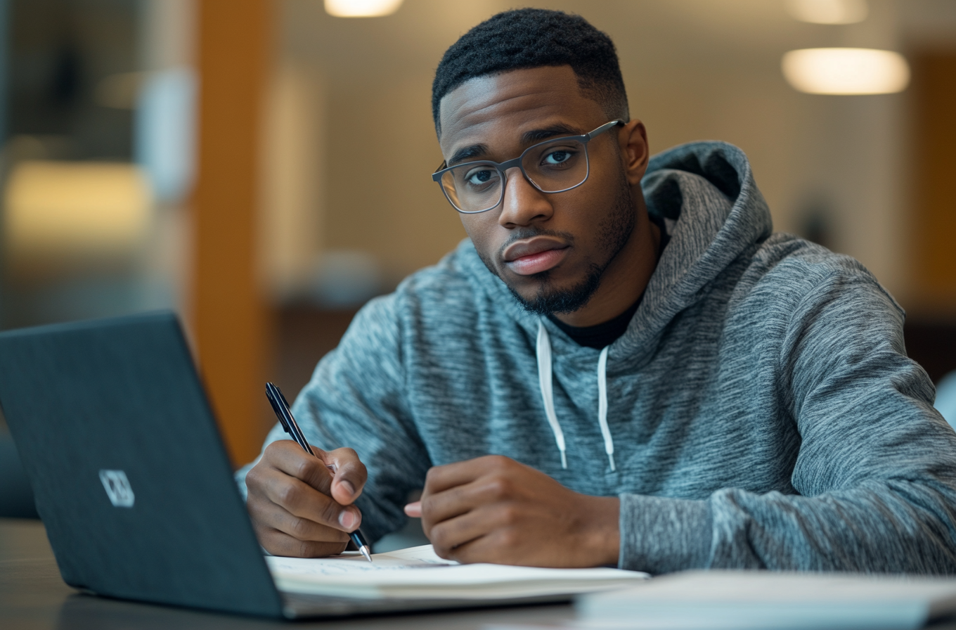 A man with glasses writing in notebook, studying.