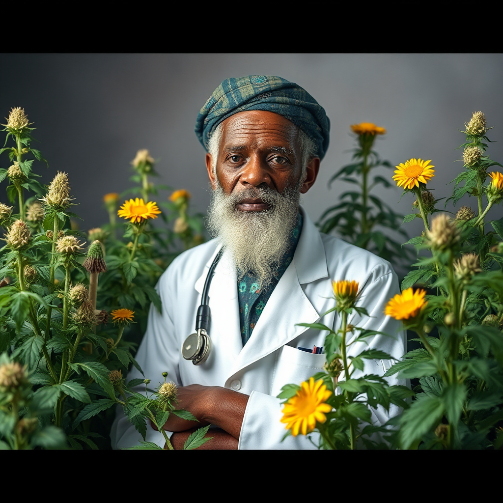 A man with herbs in a garden.