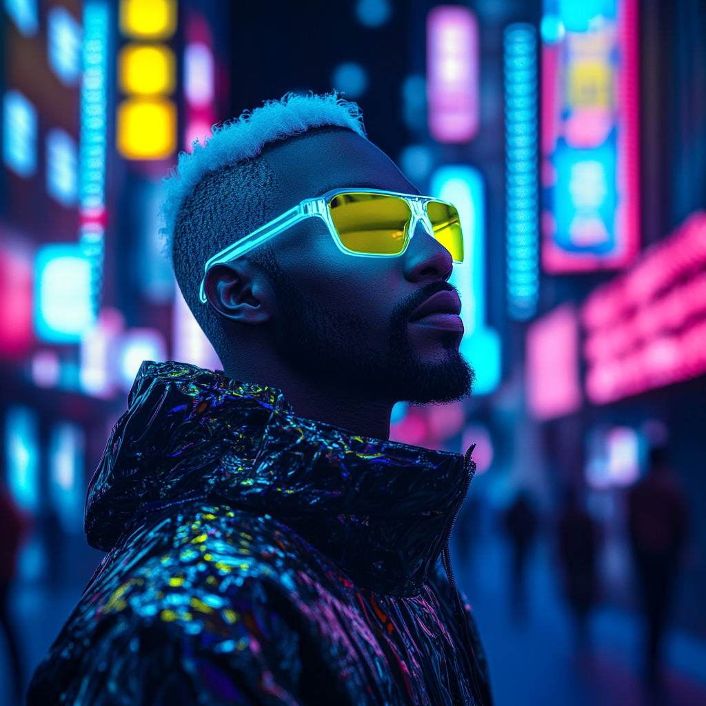 A man with white skin and middle part hair in virtual reality helmet, with neon lights and fog in cyberpunk style city.