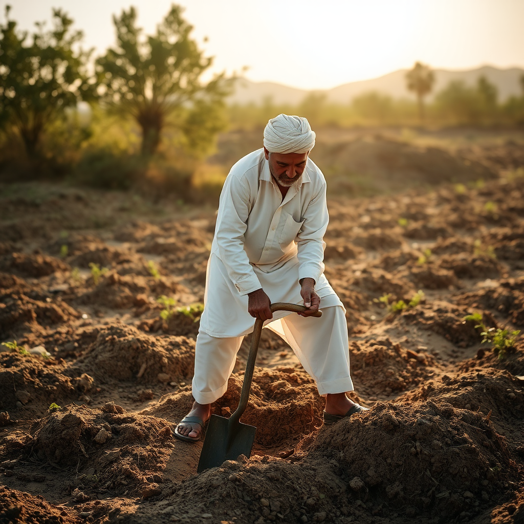 A man working with a shovel in land.