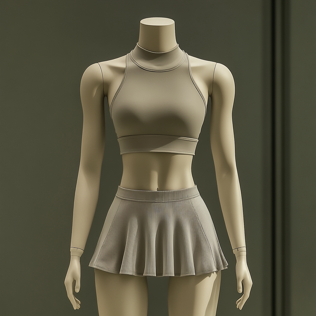 A mannequin wearing taupe athletic tank and skirt.