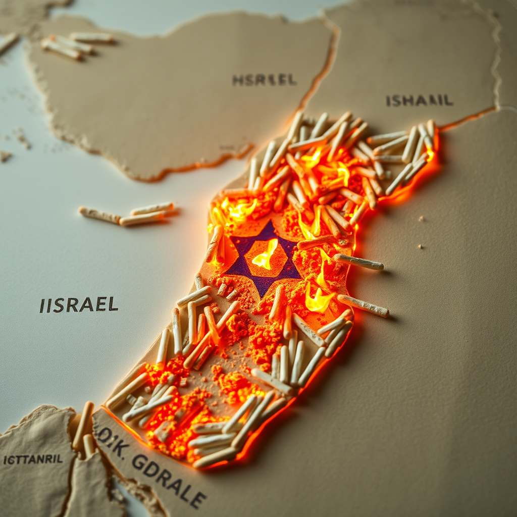 A map of Israel made of burning matches