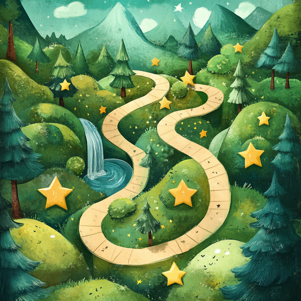 A map showing stars filled along a forest journey