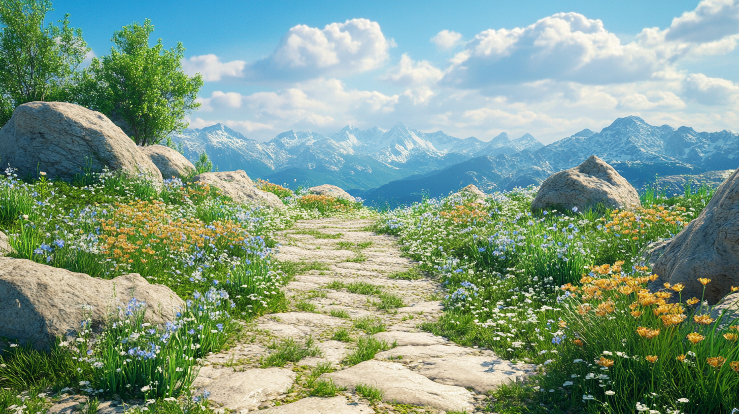 A meandering path through lush mountains and skies. 