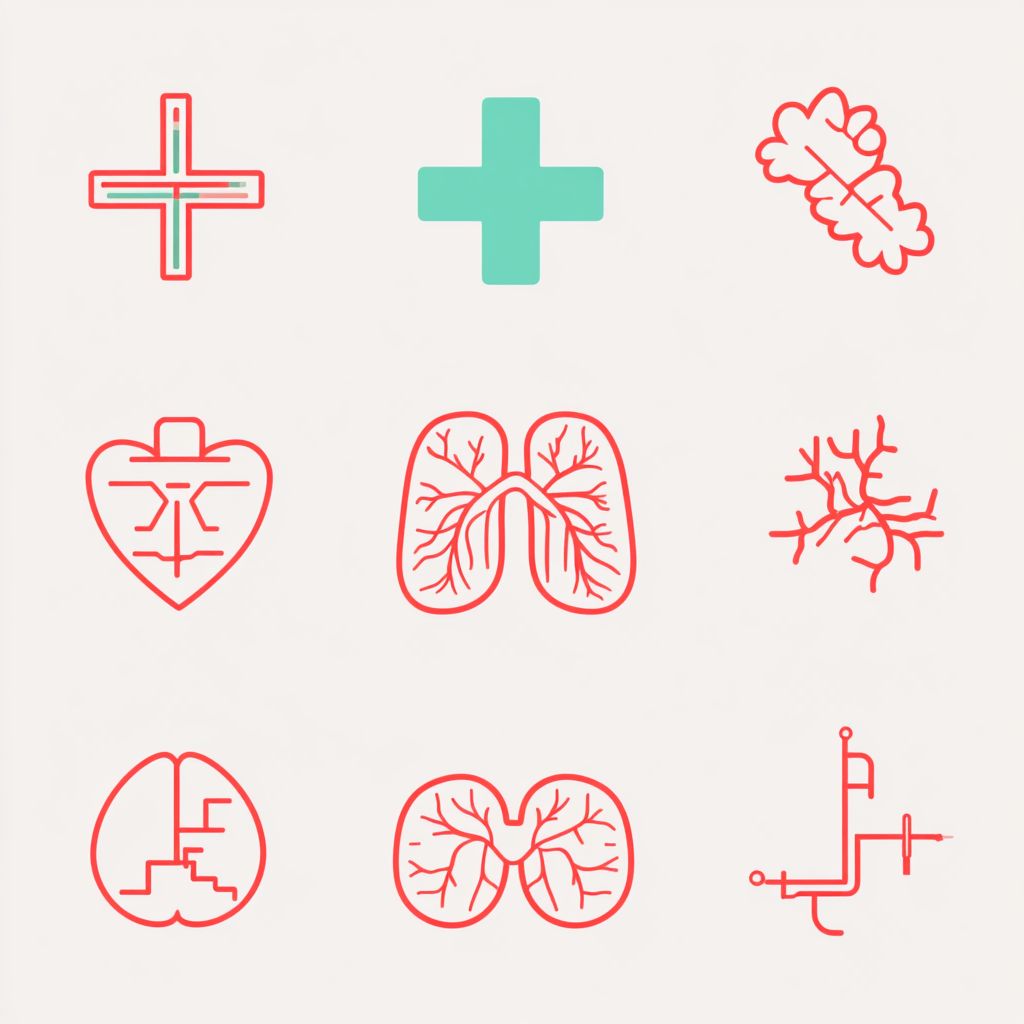 A medical symbol with lungs, heartbeat, and cross