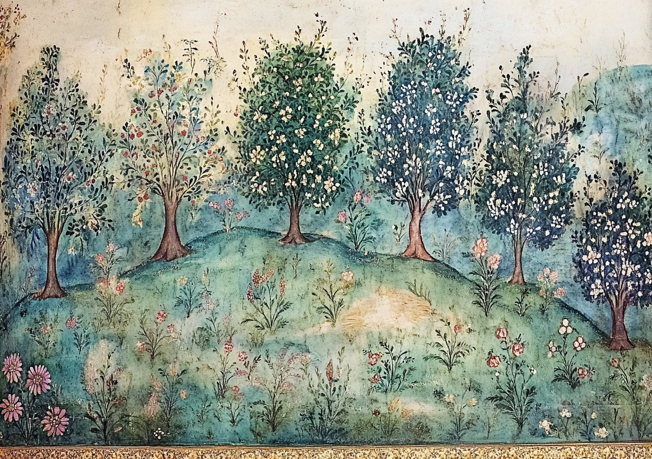 A medieval illustrated forest with Persian style plants