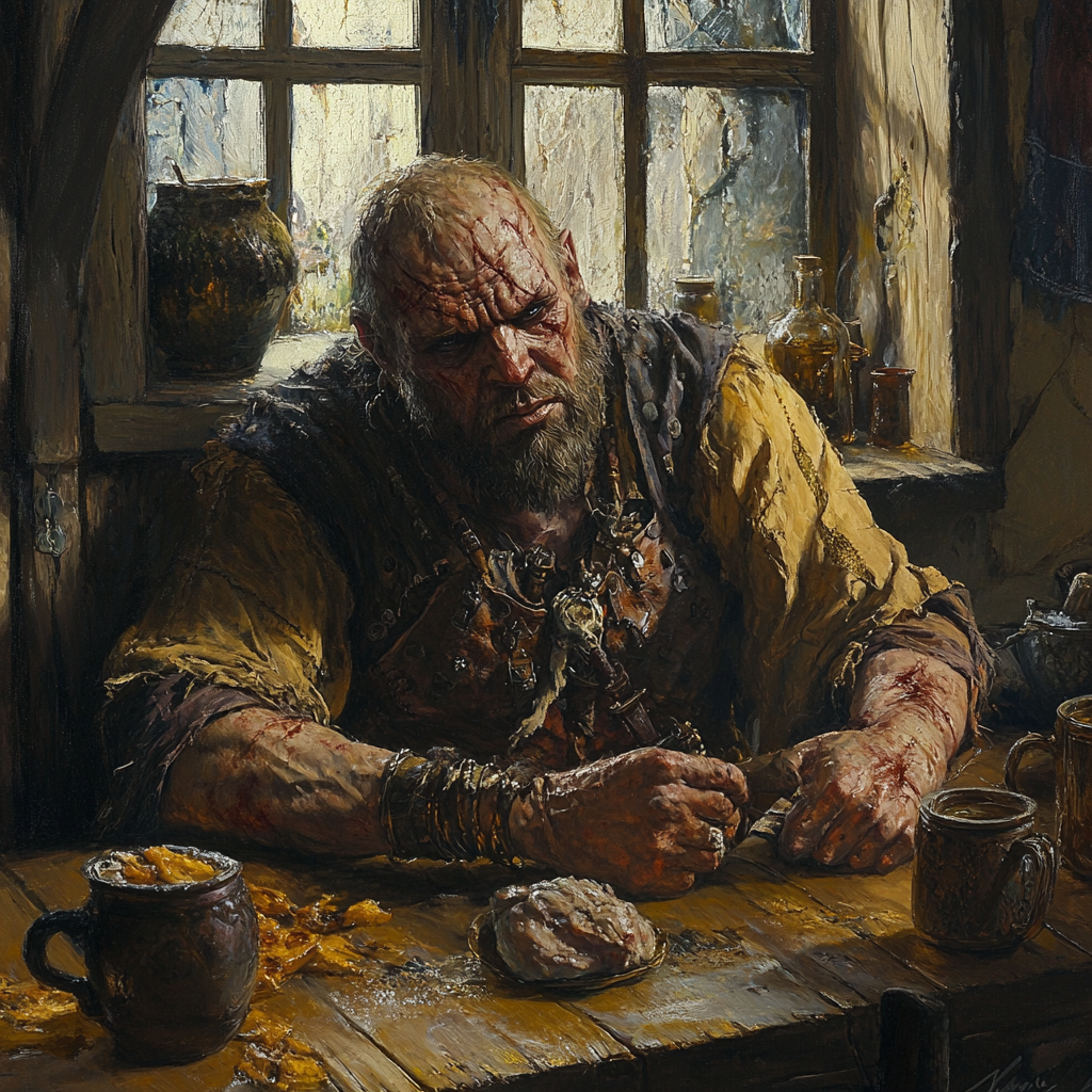 A medieval warrior awake in rustic tavern